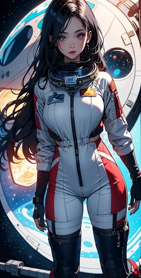  high definition ,  better quality ,  high detail ,  high quality, full length ,full frame,Astronaut girl , space station,Spaceship pilot, long hair ,  black hair, Breasts,  blue eyes , makeup, scarlet lips, 