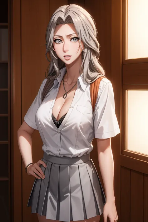 rangikumatsumoto, rangiku matsumoto, long hair, (grey eyes:1.5), orange hair, mole, mole under mouth, parted bangs, open mouth, smile,
BREAK skirt, shirt, cleavage, jewelry, school uniform, pleated skirt, necklace, chain, collar, short sleeves, grey skirt,...