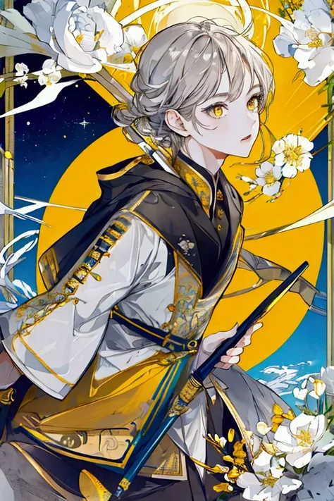 (High quality), (detailed face), beautiful face, (masterpiece), high resolution, HD, perfect anatomy, yellow and gray, archer, bright lighting, jumping, rabbit, moon