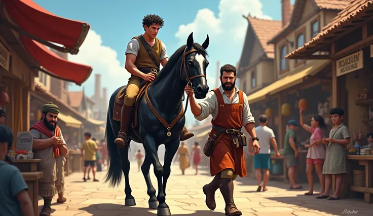 Image Prompt:
"Jack rides a strong black horse through the village, guided by a friendly blacksmith. The marketplace is bustling with activity in the background."