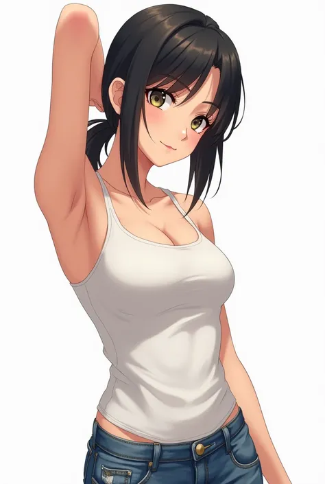 anime girl, dark hair, slight tan, jeans, tight fitting white tank top, low ponytail, anime, raises one arm, rubbing armpit, showing off armpit, looking at armpit, raised arm, playing with armpit, rubbing armpit with hand, eyes looking at armpit, rough tex...