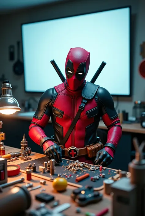 Deadpool doing inventing gadgets big screen 
with funny style 