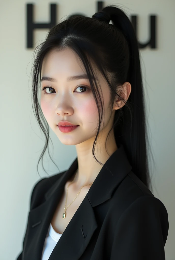 create an image of a girl wearing corporate attire and have a black long high ponytail. have white and soft skin with "Haku" word on the background facing me