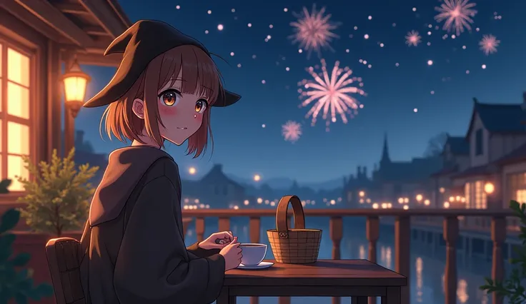 8k、 high school girl、 mature、smile、 Looking Back、 dark brown robe、Three-cornered hat、 medieval Europe with wooden basket、 Another World、Cafe、 Wood Deck 、sit、ホットCafeオレ、night、 starry sky 、firework、 romantic、 glitter、Anime 2D Style、Lo-Fi、LoFi、アニメ調 illustratio...