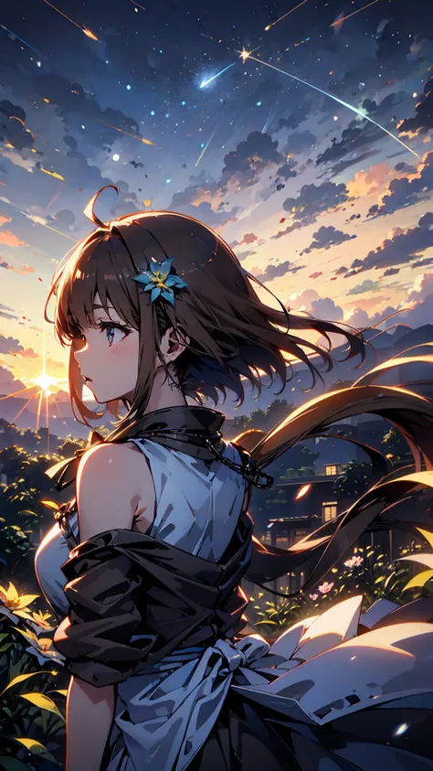 【Flowering hill, Flower blowing snow】, brown-haired woman with a single flower,【【 shooting stars、A comet pulling its tail 、 with a pale light blue glow】】、sunset、hill、cloud、 Beautiful Starry Sky、 the wind is blowing、Wide sky、Brown bob short 