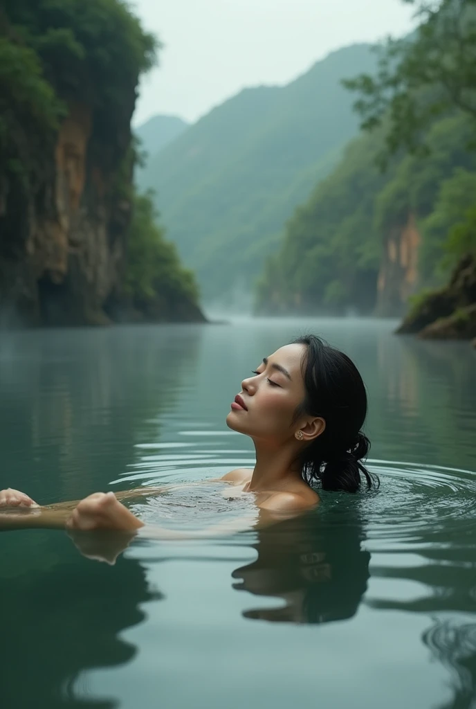 Woman taking a bath, Soaking In A Water Source. 