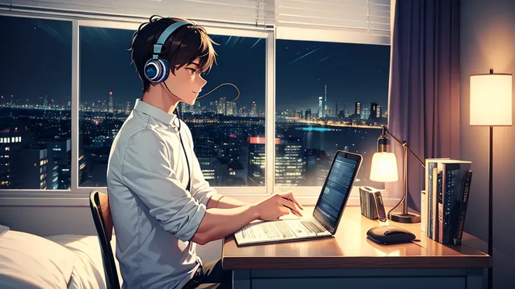 Stylish room at night in a big city, young man happily studying with headset and notebook, angle showing the whole room.