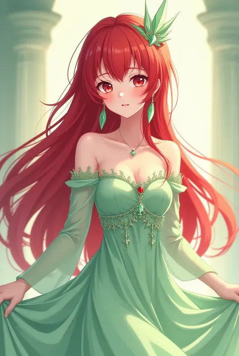 Long bright red hair red eyes pale skin , off shoulder light green long gown, light green heels, light green tiara, small light green necklace, light green earrings anime girl