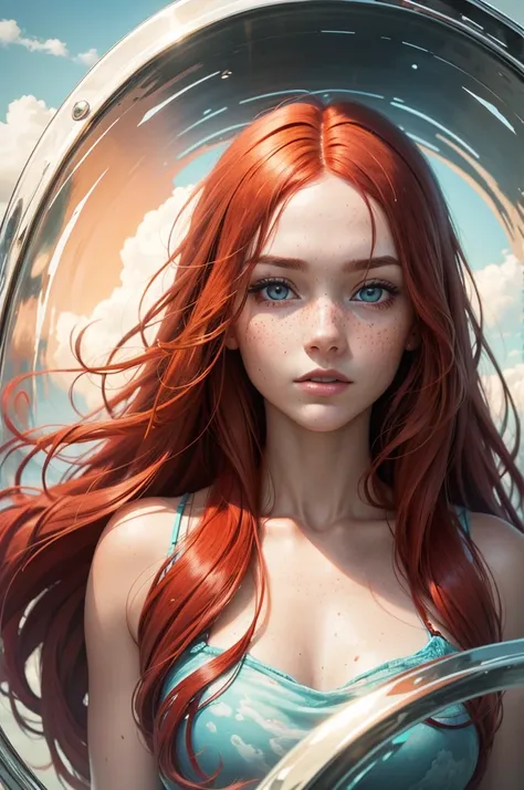 THe sky is a swirling pool, reflection of a womans face, long red hair, freckles, mirrored image