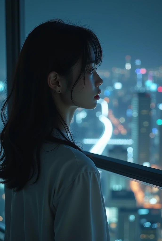 8k、 high definition 、Realistic Images、 photoshoot、 8 p.m. Tokyo 、a woman staring at the city with a sad face from the veranda of a high-rise apartment、She is similar to Shiraishi Mai 涙を流す彼女