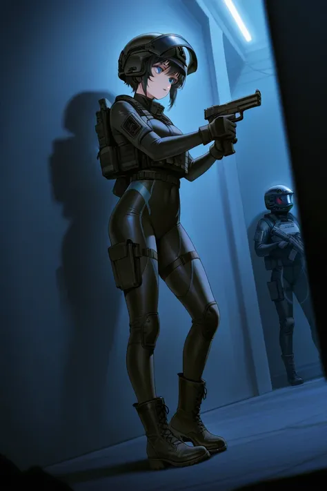 Anime adult girl, black short-hair, blue eyes, black tight suit, black tactical helmet, glove and boots, standing up, holding pistol while aims, dark atmosphere in the basement