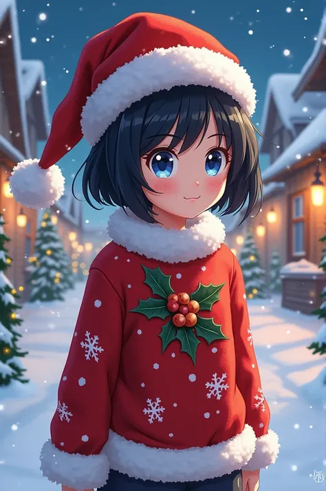 Dragon Ball Z anime girl short black hair blue eyes video in Christmas attire