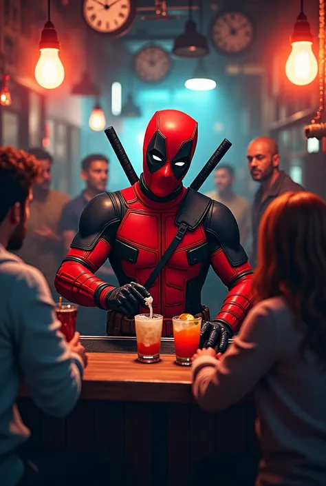 Deadpool waiting in a bar and serving drinks to customers in funny style
