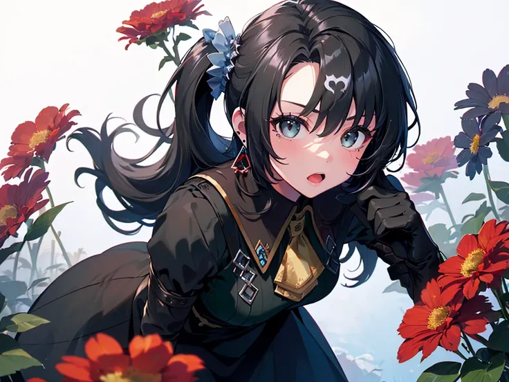 (solo:2), (girl, human ears:2), (leaning forward to accentuate upper body:2), (gentle gaze:2), (long black hair:2), (teardrop-shaped earrings:2), (gorgeous blue high-necked collared dress, opera gloves:2), (surrounded by lots of red flowers:2), (sunset sky...