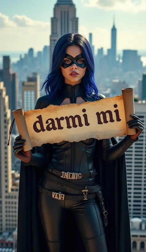  female cosplayer RAVEN,  both hands holding the inscribed paper "DARMII MII " 3D shape, city background and light