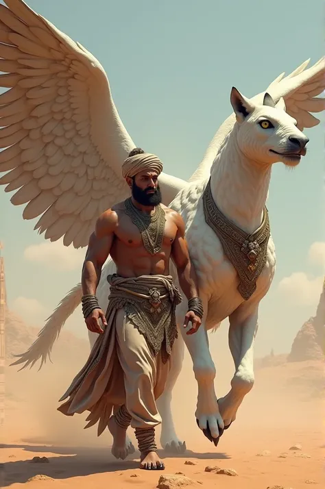 A muscular man wearing arabic costume walking with giant mythical creature head of an eagle body of a white tiger and have wings like unicorn.