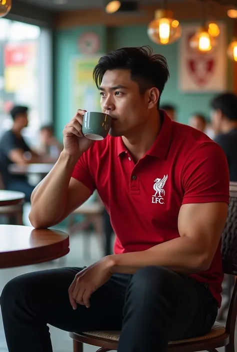  korean man,Big arm muscles,  tight breasts ,  Muscle Bundle,   shoe, wearing a red polo shirt with the Liverpool FC  , In black jeans, the 27-year-old Converse  ,  logo, was sitting in a cafe drinking coffee, with the bustling atmosphere of many visitors ...