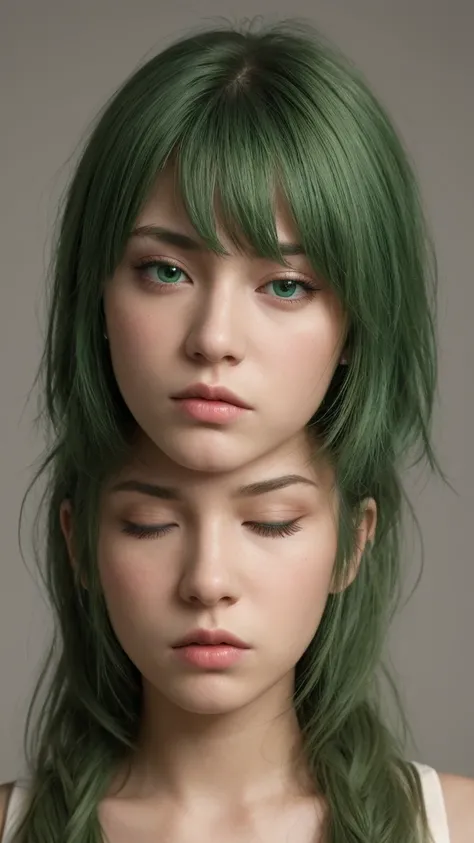 a  girl. extremely detailed face. half closed eyes. green eyes, green hair. look disgusted