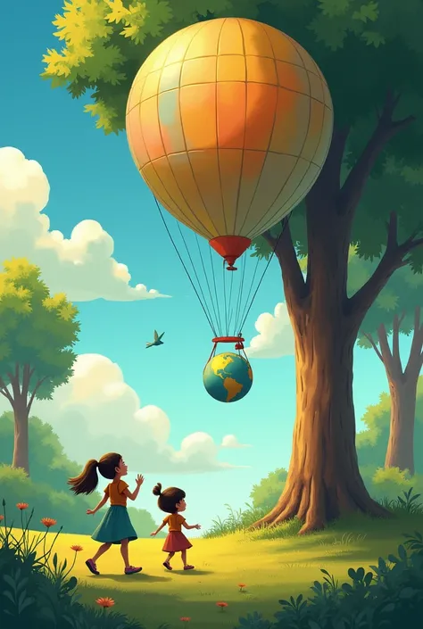 Image 1:  Lila is in a park ,  watching a brightly colored globe floating near her . Image 2 :  The balloon rises to the sky ,  and Lila keeps running it ,  looking up. Image 3:  The globe stops on a tall tree in the middle of a forest .  Lila observes the...