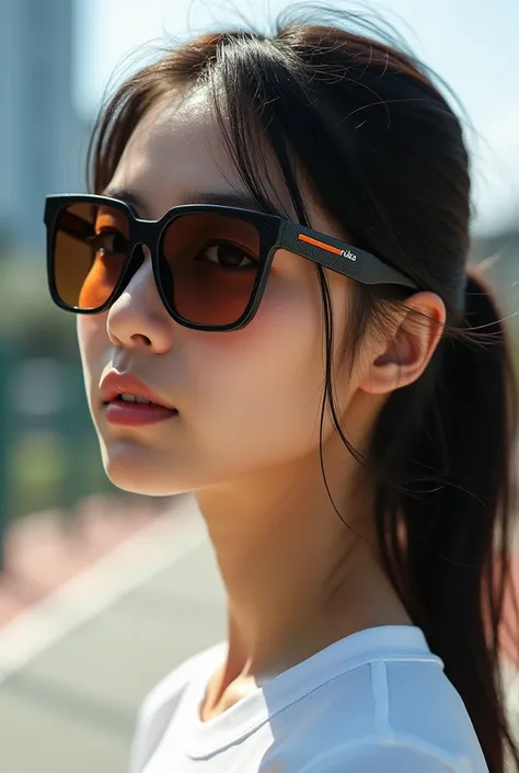 (Photorealistic), very detailed, (( best quality)), (( Masterpiece )), ( Details), 1 girl, natural light, high definition, photograph, (Japanese:1.2), A young tennis playing woman wearing stylish sunglasses with a rectangular carbon fiber textured black fr...