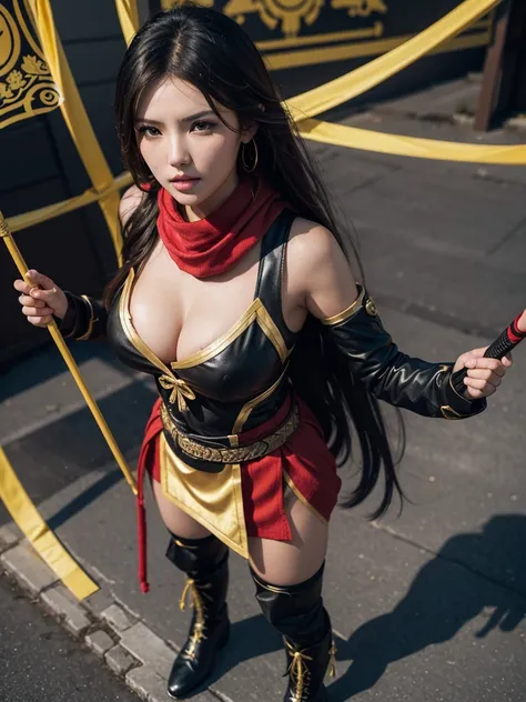 maria ozawa av girl look alike in black archer warrior traditional costume, standing bravely and has a golden logo that symbol "WP", black boots, with red scarf slayer in a science fiction style. HD, 8k, vivid colors, HDR effect, color palette, photo, 3D r...