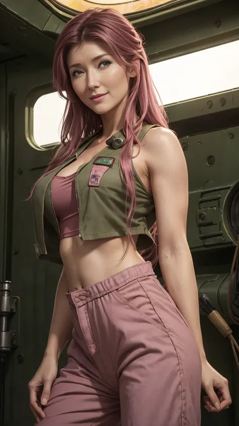 ((1girl)), ((Jewel Staite as Kaylee from Firefly)), ((undone olive green coveralls)), ((short pink crop top)), ((long brunette hair)), perfect breasts, sexy pose, smile, spaceship engine