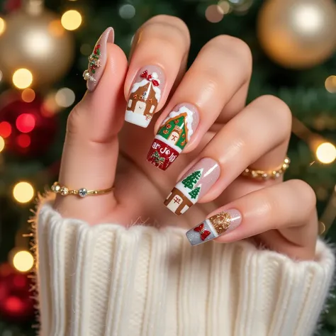 for{{x}} to create a Christmas village-style brand image  "JoJo Block."  to show nails with colorful patterns such as gingerbread houses ,  Flickering lights , And the holiday bow . 使用以快乐的节日村庄和雪屋屋顶for背景的画面, Warm light illuminates the windows,  and the soun...