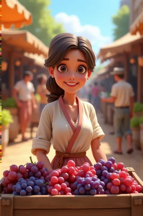 3d cartoon style standing behind a wooden cart filled with fresh grapes. The woman is casually dressed in traditional attire, appearing confident and cheerful as she interacts with customers. The setting is lively, with other vendors and buyers in the back...