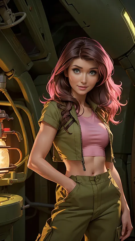 ((1girl)), ((Jewel Staite as Kaylee from Firefly)), ((undone olive green coveralls)), ((short pink crop top)), ((long brunette hair)), perfect breasts, sexy pose, smile, spaceship engine