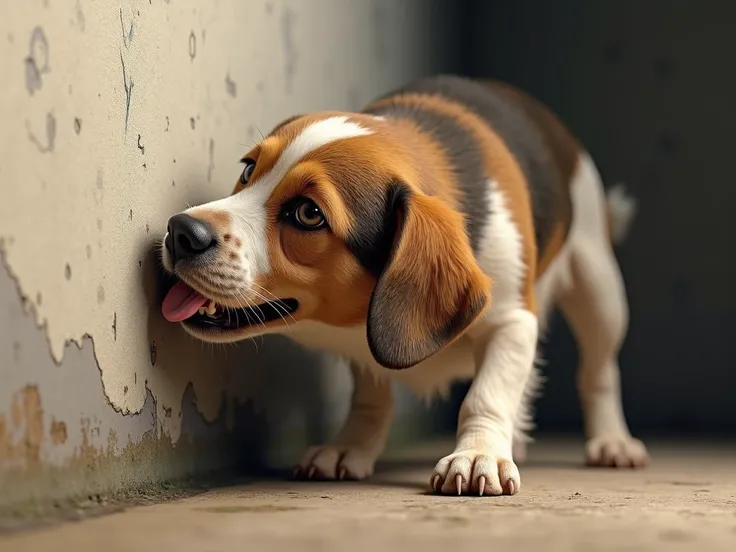 realistic dog licking wall from down