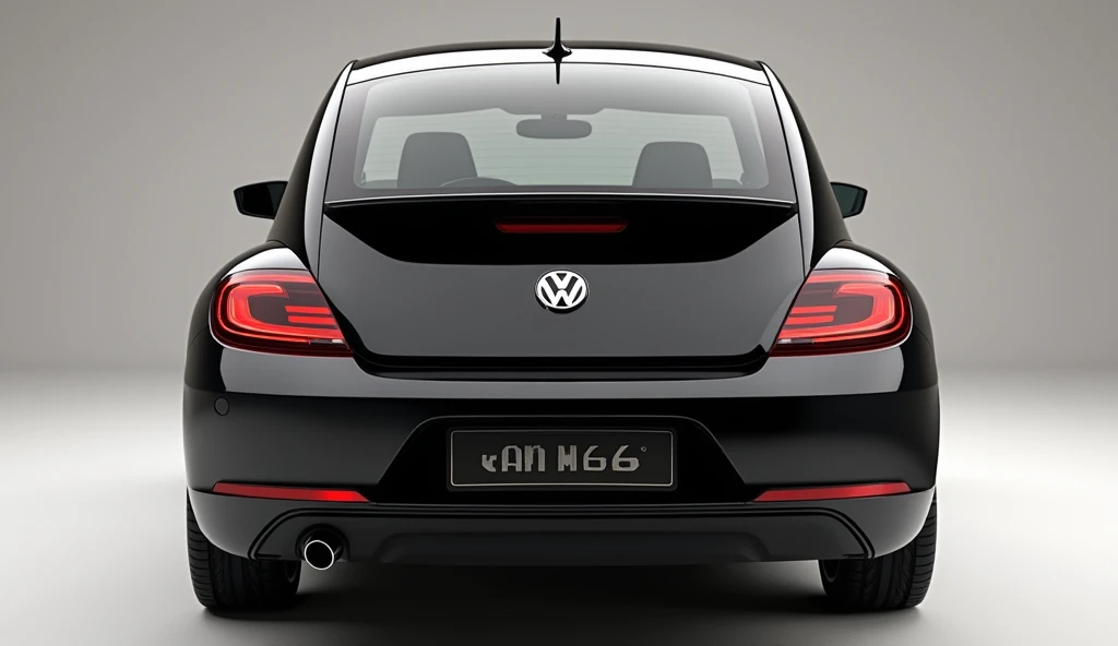 Create a realistic render of a car design featuring the 2025 [ Volkswagen beetle. The car should be viewed from the [back  side view in [Color black colour car. Include a [Volkswagen beetle Logo prominently on (back side, ,The license plate should display ...