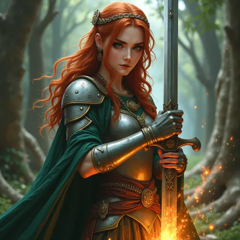 (best quality,4k,8k,highres,masterpiece:1.2),ultra-detailed, 1woman, Irish goddess Brigid, Irish features, Auburn hair, Green Eyes, Iron armor over druid robes, forging a sword, determined eyes, drawn in the style of Yoshitaka Amano, HDR, 8k, absurdres, ci...