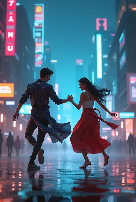 One university boy and a girl dancing "kolbasti" at cyberpunk 