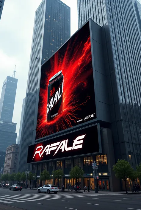 rafale an energy drink with black and red color having its advertisment on highrise bill boards