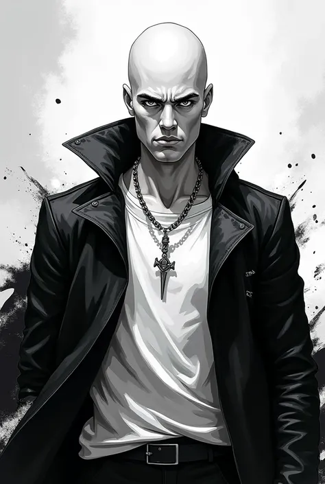 Make me a picture:  Marvel Spiderman comic panel , white-skinned adult male ,  fully shaved white hair ,  black and white clothes, Gray eyes,  with a thin silver chain around his neck.