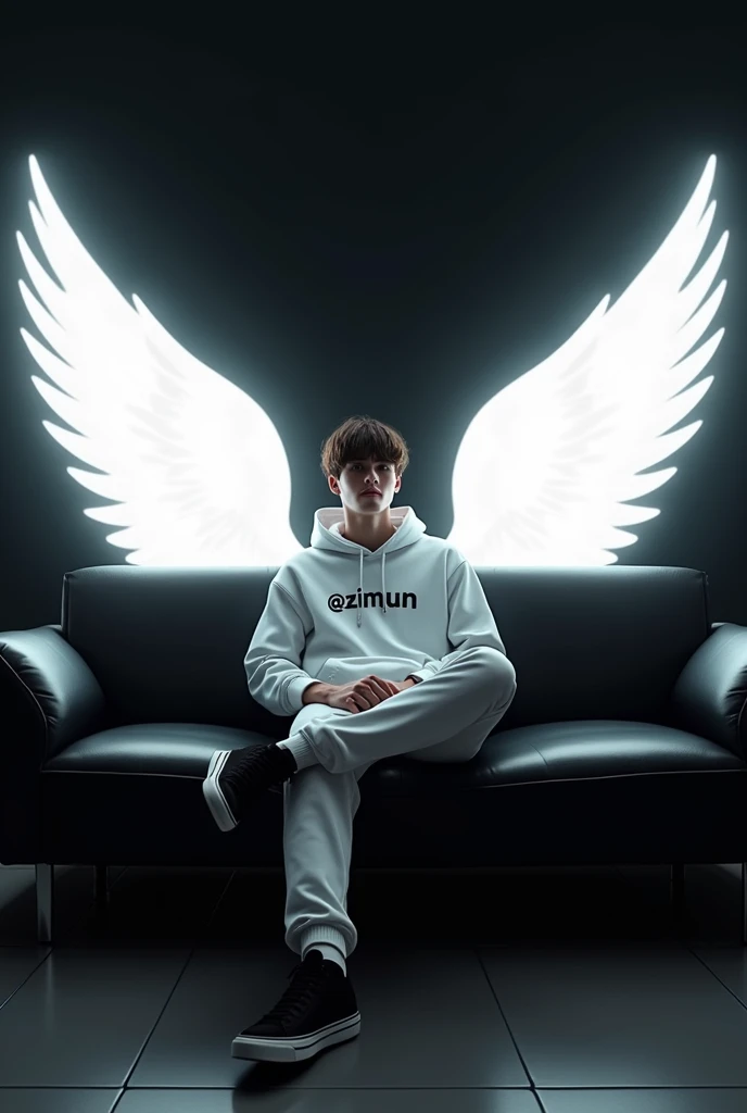 "A boy lounging on a stylish black leather sofa, dressed in a white hoodie with the name @zimun prominently displayed and black sneakers. White Glowing angel wings spread out behind him, illuminated against a plain black wall, giving the scene a bold and s...