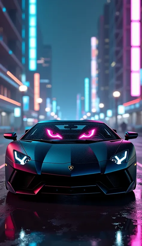 Generate a detailed, photorealistic image of a matte black Lamborghini Aventador parked in a futuristic city at night. The cars windshield has intense, narrow eyes with an angry and determined expression, similar to a fierce competitor. The eyes should be ...