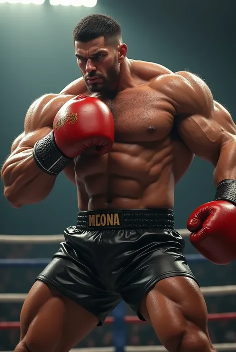 Super Heavyweight Boxer, 158 kg, 210cm, American, Boxing Gloves, Boxing trunk, no shirt, sweaty, adult man 25-30 years old, fierce face, chest hair, hot, masculine, tall, very huge and big muscular!!!, wet muscle big body, Short hair, throw his punch in th...