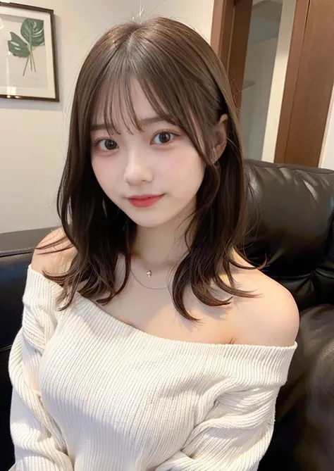 Angle where a woman faces her body forward、20-year-old female、autumn、White knit clothes、 shoulders exposed、 medium hair 、Curly Hair、Brown Hair、Height: 160cm、Bust size 80、On the sofa in the living room、Poses that accentuate the breasts、smile