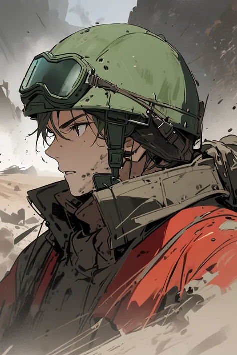 male， green helmet with goggles， red vest，black vest ，Half-length portrait，Wasteland