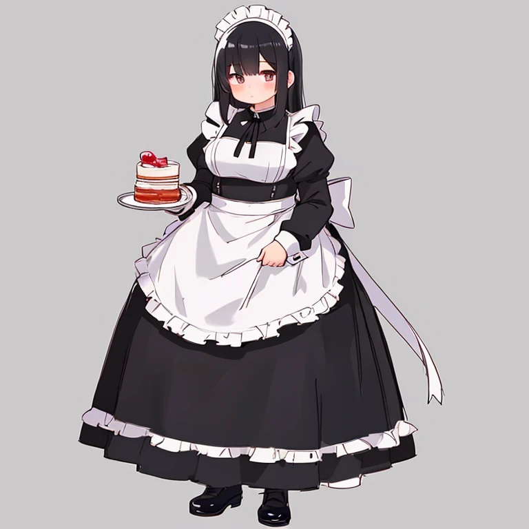 masterpiece,  best quality,Advanced Details,  long black hair,  girl, The entire dress completely covers the body.、(pink long sleeve maid outfit )、 high neck shirt、 Long Skirt, full body、