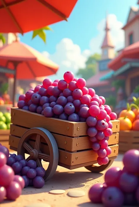 3d cartoon style Focus on the fruit cart, filled with freshly picked, glossy grapes. The surrounding area showcases vibrant market activity, with other fruits and vegetables visible, enhancing the lively atmosphere.

