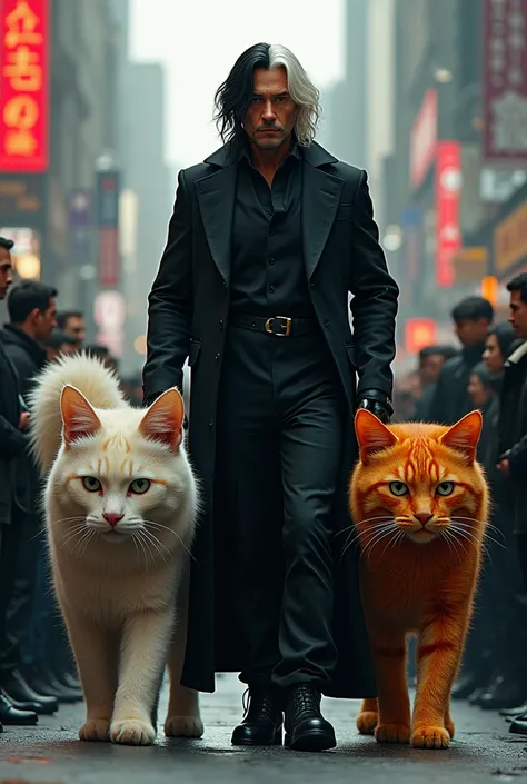 Tall big black haired white haired man walks with 2 colorful giant cats in the crowd facing the camera 