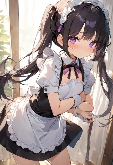 masterpiece,  top quality:1.2)、((( Kindergarten Mother、 Twin Tails 、 black hair、 purple eyes、flat breast、 maid clothes、 black ribbon