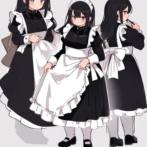 masterpiece,  best quality,Advanced Details,  long black hair,  girl, The entire dress completely covers the body.、(Black Long Sleeve Maid Outfit )、 high neck shirt、 Long Skirt, full body、