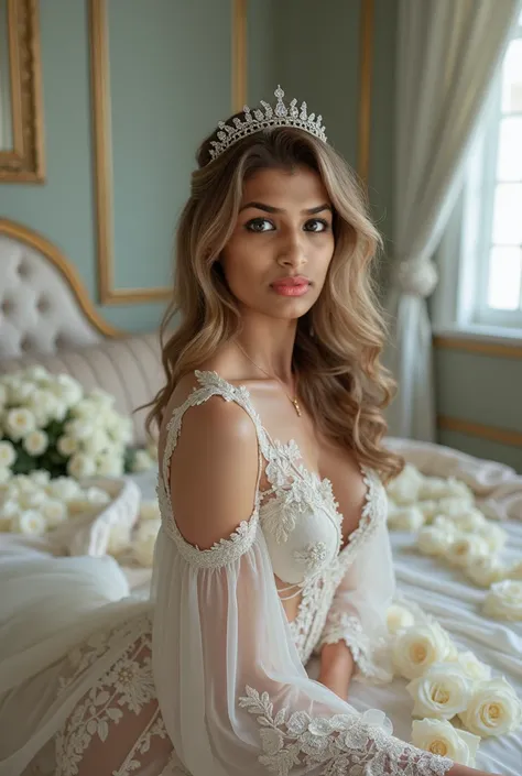 Setting the Scene:

The backdrop is a luxurious bridal suite with a soft pastel blue and champagne color palette. The room features:
	•	An ornate vintage mirror.
	•	A plush chaise lounge.
	•	A king-sized bed covered with lace, satin, and scattered white ro...