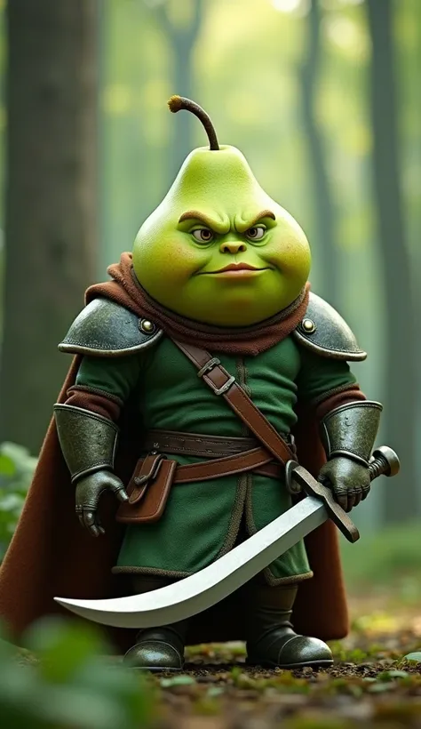 3D cartoon Pixar style, 3D rendering, a masterpiece of a pear warrior dressed in forest-green leather armor, high quality, and high detail. He holds a curved, gleaming scimitar, ready for battle. His head is a rugged green pear with a stern expression. Lus...