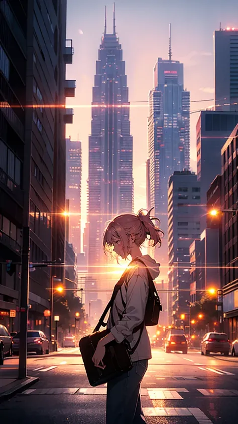 “The city skyline at dusk, bathed in the warm, golden light of the setting sun. Skyscrapers and apartment buildings cast long shadows over the streets, where people hurry home or gather at bustling intersections. A lone musician walks down a quieter alley,...