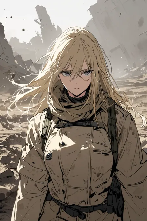 
female， long blond hair ，Wasteland，military uniform，Wasteland，Half Body，Heroic