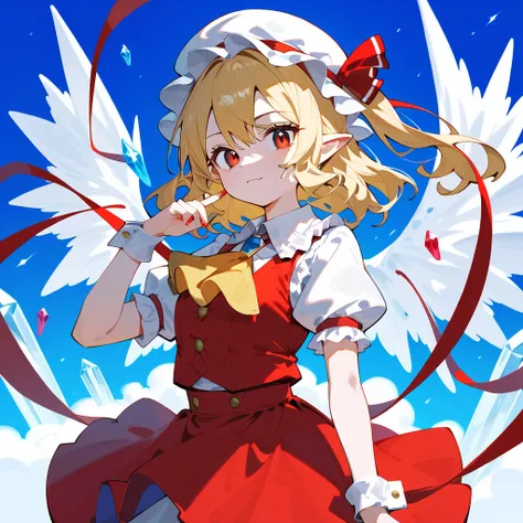 (masterpiece,  top quality:1.2), 1 girl, Flemish Scarlet,East, has ,[ Mob Cap ,Alone,Blonde,  red vest ,Wings, red eyes, crystals,vest,  white headwear , outdoor,Short sleeve,one side up,puffy sleeves, skirt , shirt, pointed ears,red  skirt ,looking at vie...